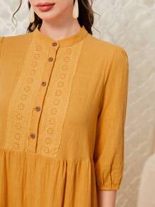 Mulvari Solid Button Front Ruffle Hem Smock Dress - Yellow - View 6