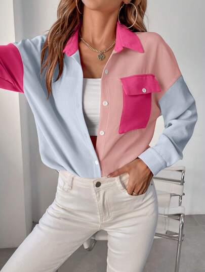 SHEIN LUNE 撞色翻蓋口袋落肩袖襯衫