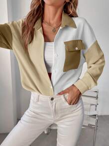 SHEIN LUNE Áo sơ mi nữ Túi Nút phía trước Khối Màu Giải trí - Nhiều màu - Xem 1