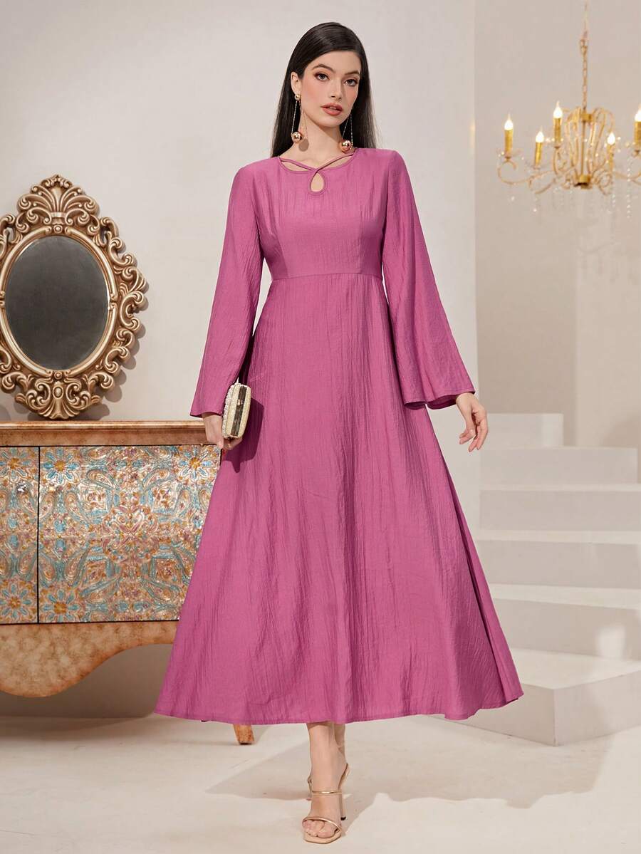 Al Najma Keyhole Neckline Flare Sleeve Dress - Purple - View 1
