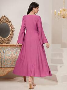 Al Najma Keyhole Neckline Flare Sleeve Dress - Purple - View 2