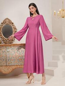 Al Najma Keyhole Neckline Flare Sleeve Dress - Purple - View 3