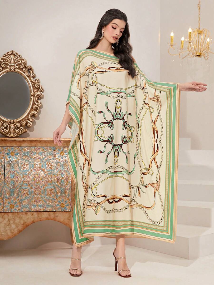 Al Najma Chain Print Batwing Sleeve Kaftan Modest Long Sleeve Arabian Dress - Apricot - View 1