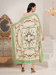 Al Najma Chain Print Batwing Sleeve Kaftan Modest Long Sleeve Arabian Dress - Apricot - View 2