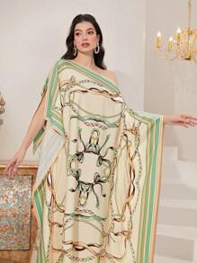 Al Najma Chain Print Batwing Sleeve Kaftan Modest Long Sleeve Arabian Dress - Apricot - View 4