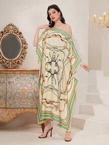 Al Najma Chain Print Batwing Sleeve Kaftan Modest Long Sleeve Arabian Dress - Apricot - View 6