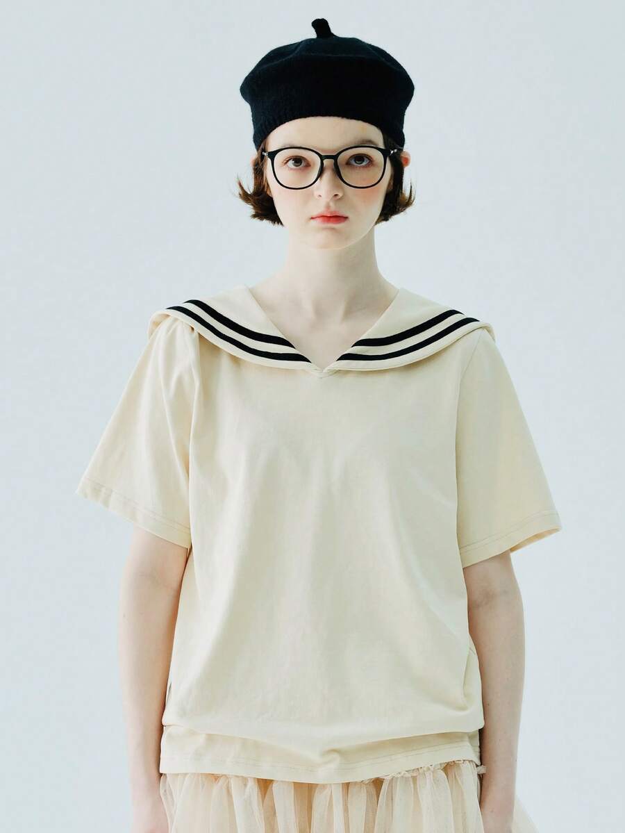 條紋圖案水手領T恤 - 杏色 - 查看 1