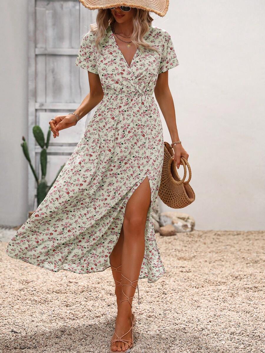 SHEIN LUNE Đầm Trọn gói Tách cao Họa tiết hoa Boho - Màu be - Xem 1