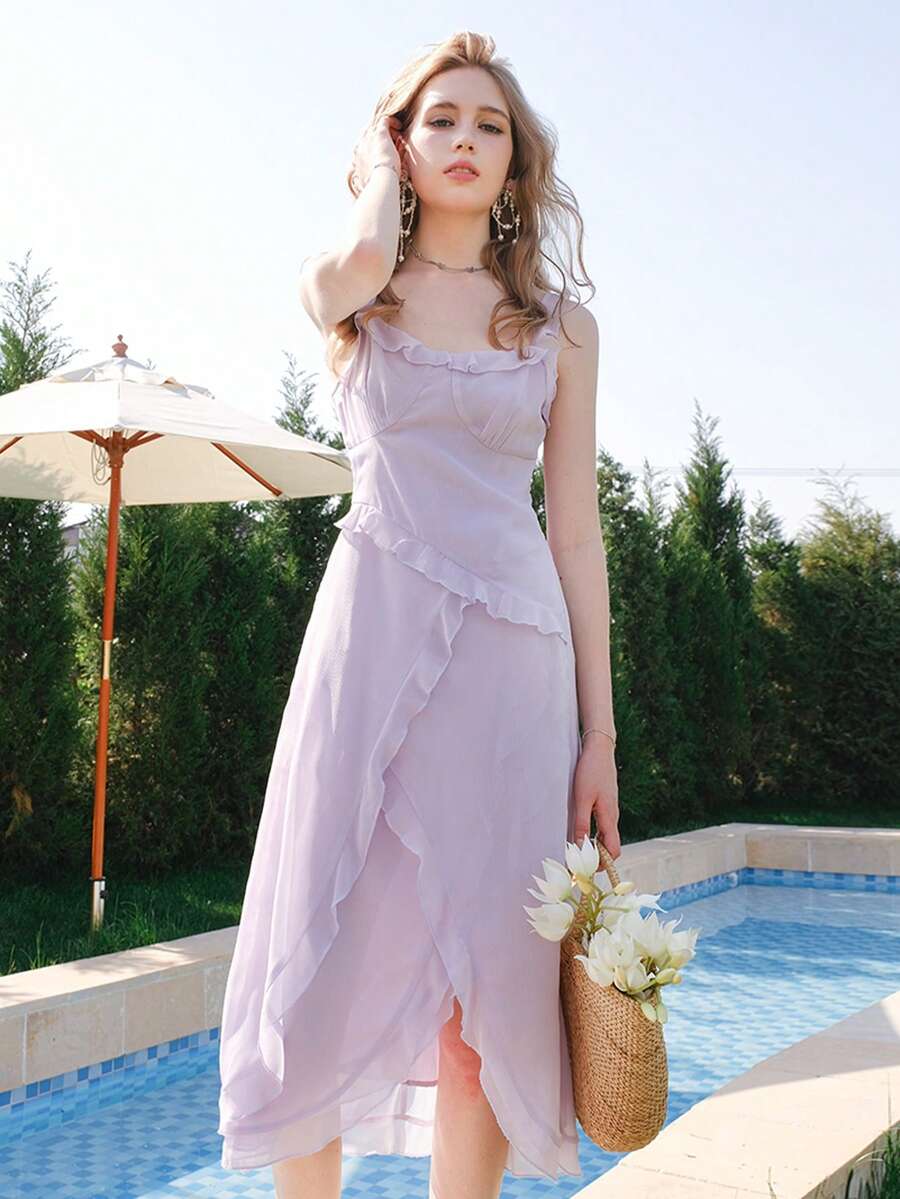 荷葉邊圍裹下擺吊帶洋裝 - 紫色 - 查看 1
