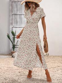 SHEIN LUNE Đầm Trọn gói Tách cao Họa tiết hoa Boho - Màu be - Xem 4