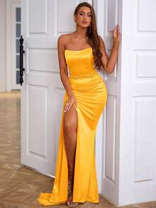 LOVE&LEMONADE Đầm Dây kéo Tách cao Vắt màu trơn Buổi tiệc - Màu vàng - Xem 5