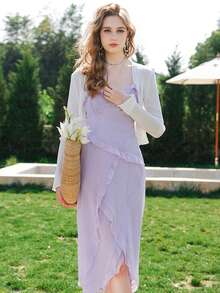 荷葉邊圍裹下擺吊帶洋裝 - 紫色 - 查看 3