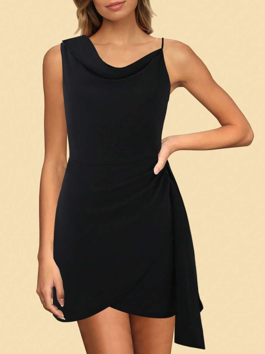 素色不對稱領圍裹洋裝