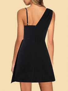 素色不對稱領圍裹洋裝