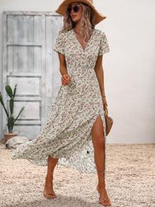 SHEIN LUNE Đầm Trọn gói Tách cao Họa tiết hoa Boho - Màu be - Xem 6