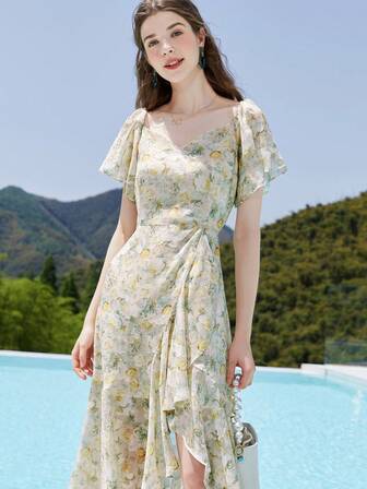 Floral Print Ruffle Trim Dress