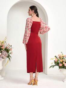 Modelyn Floral Print Lantern Sleeve Split Back Dress - Multicolor - View 2