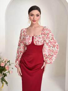 Modelyn Floral Print Lantern Sleeve Split Back Dress - Multicolor - View 3