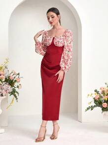 Modelyn Floral Print Lantern Sleeve Split Back Dress - Multicolor - View 4