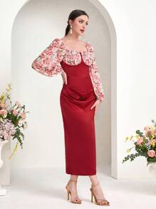 Modelyn Floral Print Lantern Sleeve Split Back Dress - Multicolor - View 5