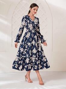 Modelyn Vestido con estampado floral de manga amplia bajo con fruncido - azul real - Ver 1