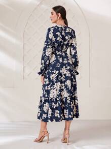 Modelyn Vestido con estampado floral de manga amplia bajo con fruncido - azul real - Ver 2