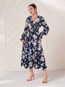 Modelyn Vestido con estampado floral de manga amplia bajo con fruncido - azul real - Ver 3