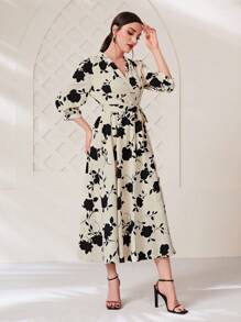 Modelyn 印花繫腰帶連衣裙 - 卡其色 - 查看 5