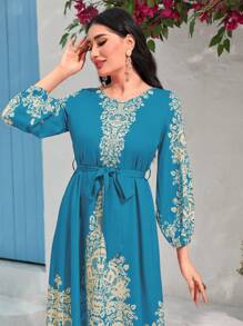 Al Najma Floral Print Belted A-line Dress - Multicolor - View 4