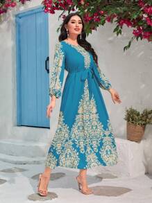 Al Najma Floral Print Belted A-line Dress - Multicolor - View 6