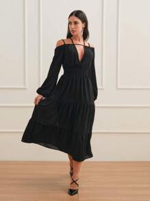 SHE(IN) BRASIL Cold Shoulder Lantern Sleeve Ruffle Hem Dress - màu đen - Xem 3