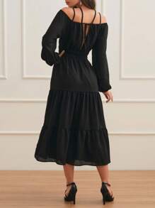 SHE(IN) BRASIL Cold Shoulder Lantern Sleeve Ruffle Hem Dress - màu đen - Xem 2