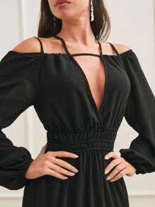 SHE(IN) BRASIL Cold Shoulder Lantern Sleeve Ruffle Hem Dress - màu đen - Xem 5