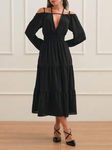 SHE(IN) BRASIL Cold Shoulder Lantern Sleeve Ruffle Hem Dress - màu đen - Xem 4