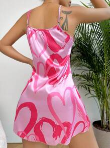 Heart Print Satin Cami Pajama Nightdress Luxeloungewear