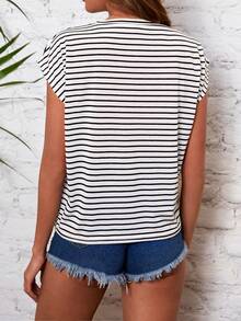 Cottnline Striped & Heart Print Batwing Sleeve Tee - Multicolor - View 3