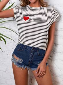 Cottnline Striped & Heart Print Batwing Sleeve Tee - Multicolor - View 1