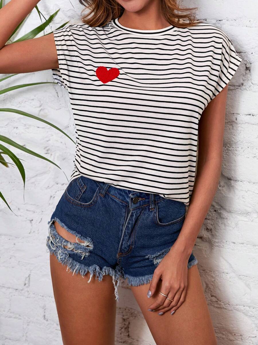 Cottnline Striped & Heart Print Batwing Sleeve Tee - Multicolor - View 1