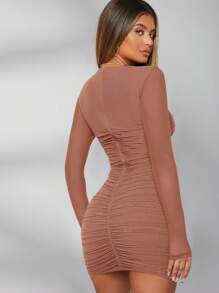 L'Amorae Ruched Mesh Bustier Bodycon Dress - Dusty Pink - View 2