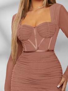 L'Amorae Ruched Mesh Bustier Bodycon Dress - Dusty Pink - View 3
