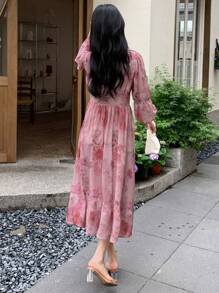 DAZY Floral Print Lantern Sleeve Dress Sundress - Pink - View 3