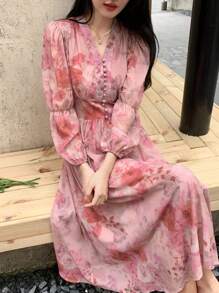 DAZY Floral Print Lantern Sleeve Dress Sundress - Pink - View 4