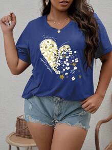 SHEIN LUNE Áo thun Plus size Lá thư Tim Giải trí - Màu xanh lam - Xem 1