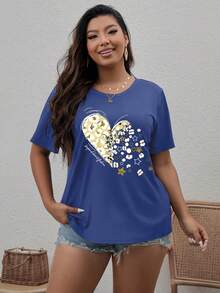 SHEIN LUNE Áo thun Plus size Lá thư Tim Giải trí - Màu xanh lam - Xem 3