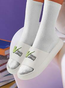 Men Letter Graphic Single Band Slides Non Slip, Slides EVA ngoài trời thời trang - trắng - Xem 5