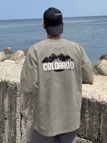 DAZY Men Cotton Letter Graphic Drop Shoulder Tee,Fall Clothes - Army Green - View 4