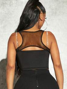Hauture Rhinestone Trim Mesh Cut Out Crop Top - Black - View 2