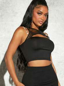 Hauture Rhinestone Trim Mesh Cut Out Crop Top - Black - View 4