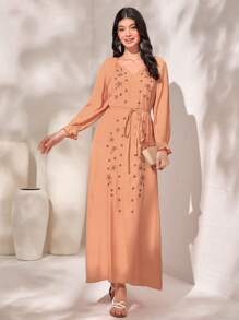 Modelyn Floral Embroidery Flounce Sleeve Belted Dress - Coral Orange - View 1