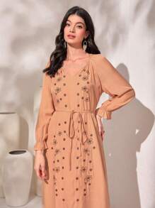 Modelyn Floral Embroidery Flounce Sleeve Belted Dress - Coral Orange - View 4